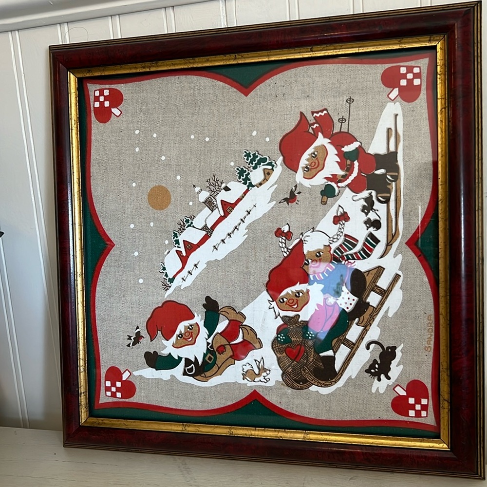 MCM Mid Century Swedish gnomes “Sandra” Christmas skiing framed wall hanging